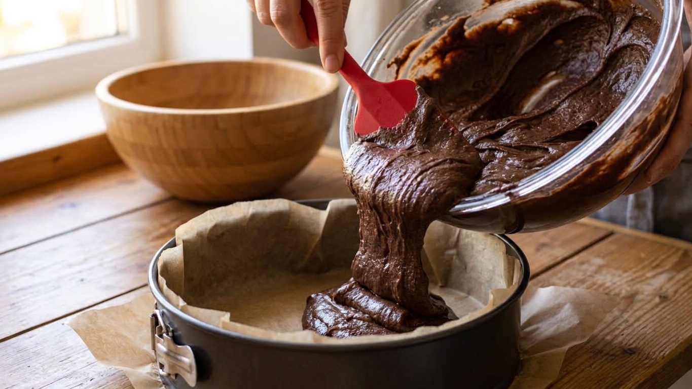 Chocolate cake batter being scraped into a parchment-lined springform pan with a rubber spatula on a wooden kitchen counter