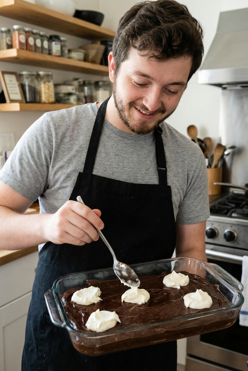 Chocolate cake batter in a 9x13 pan with spooned dollops of sweetened cream cheese on top, ready to swirl lightly before baking
