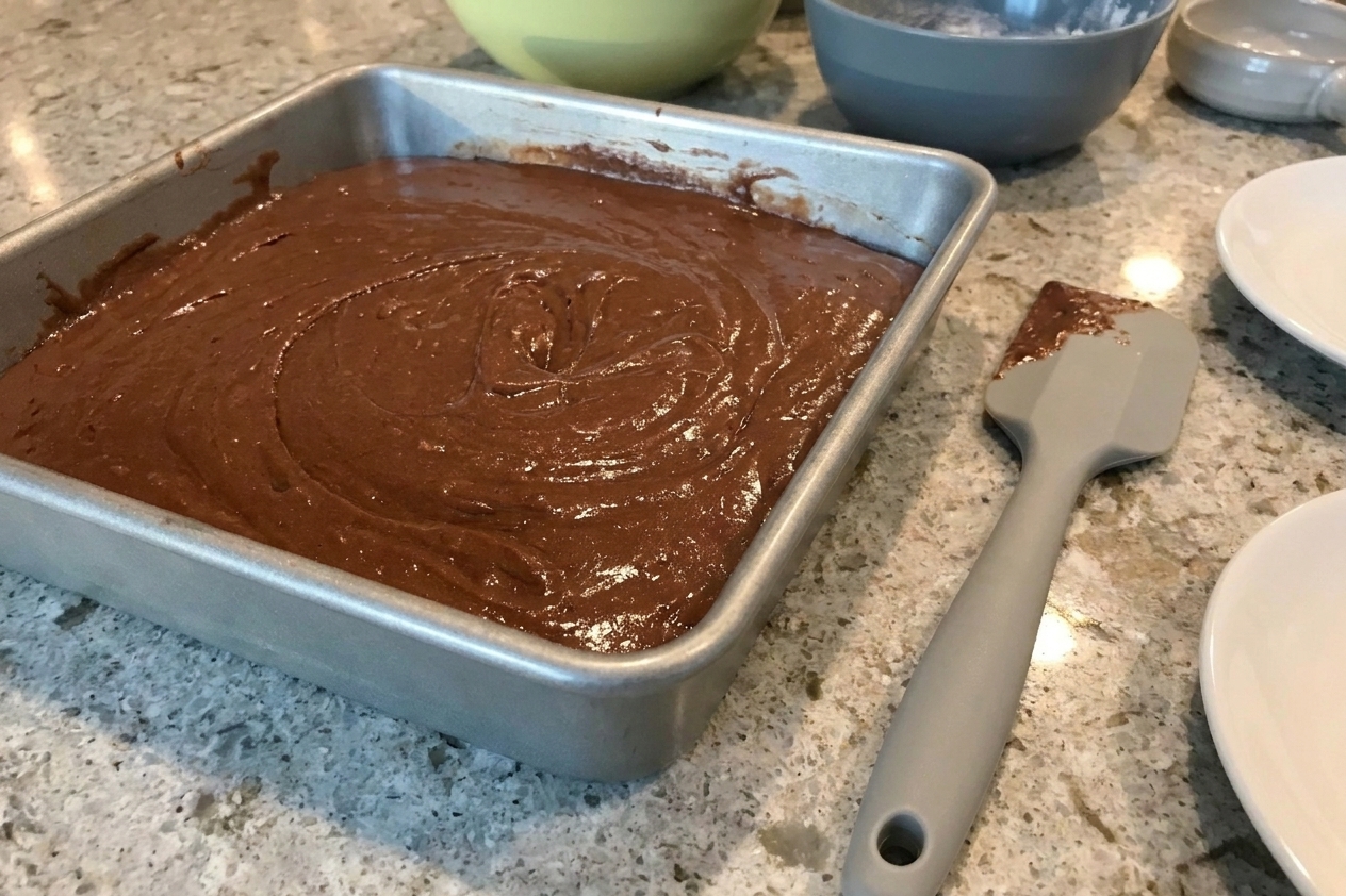 Chocolate cake batter smoothed into an 8x8 baking pan on a kitchen counter with a spatula resting nearby, warm home kitchen lighting