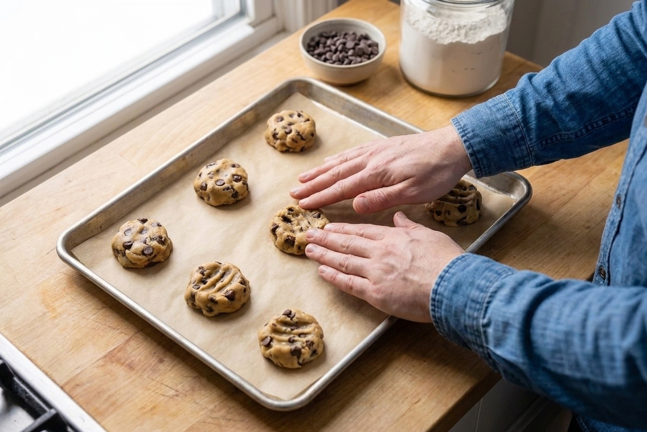 Chocolate chip cookie dough being pressed evenly into a parchment-lined sheet pan