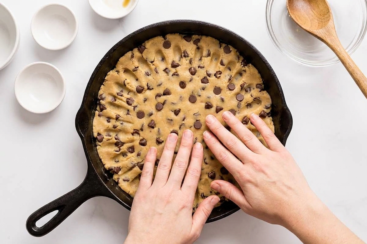 Chocolate chip cookie dough pressed evenly into a greased cast iron skillet before baking
