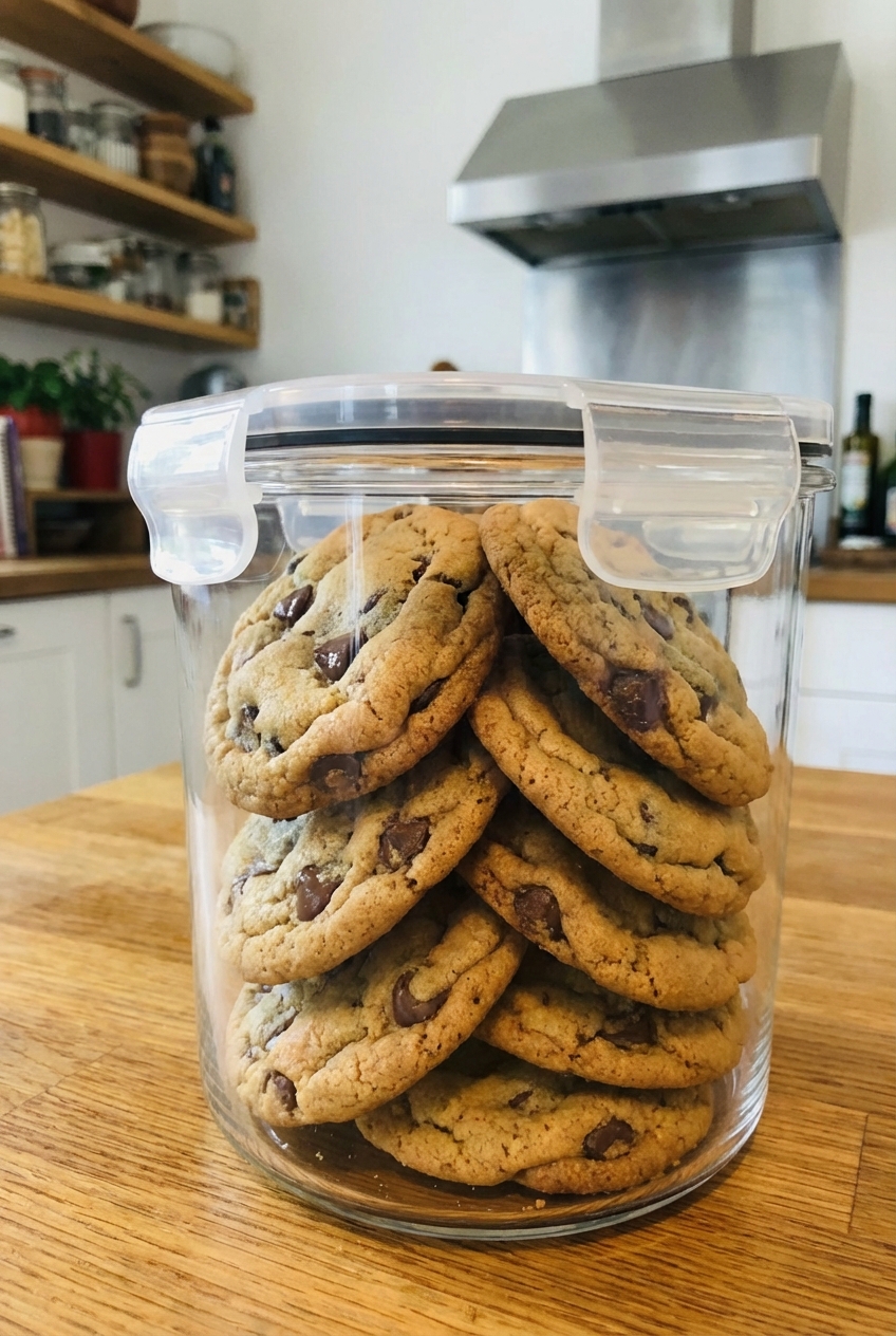 Chocolate chip cookies stacked in an airtight container on a kitchen counter