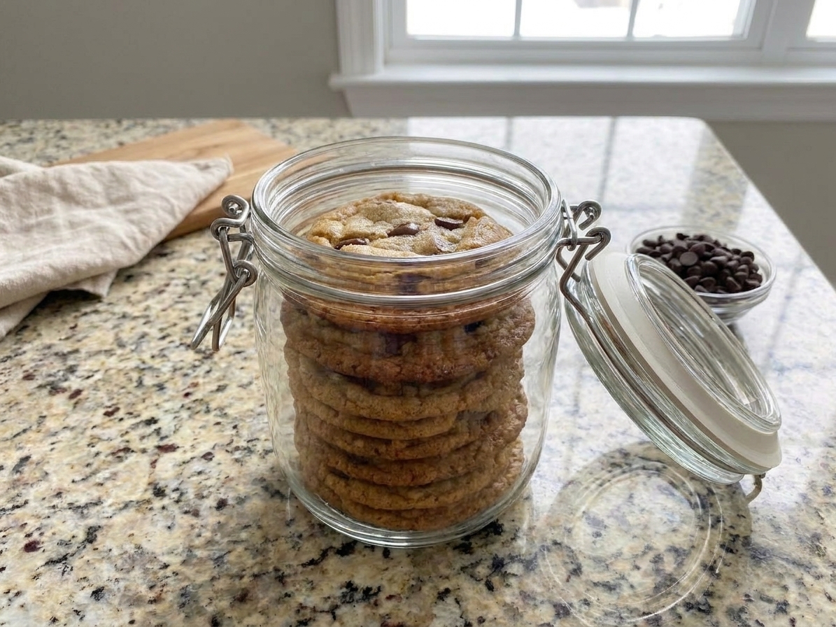 Chocolate chip cookies stacked in an airtight container with the lid set beside it