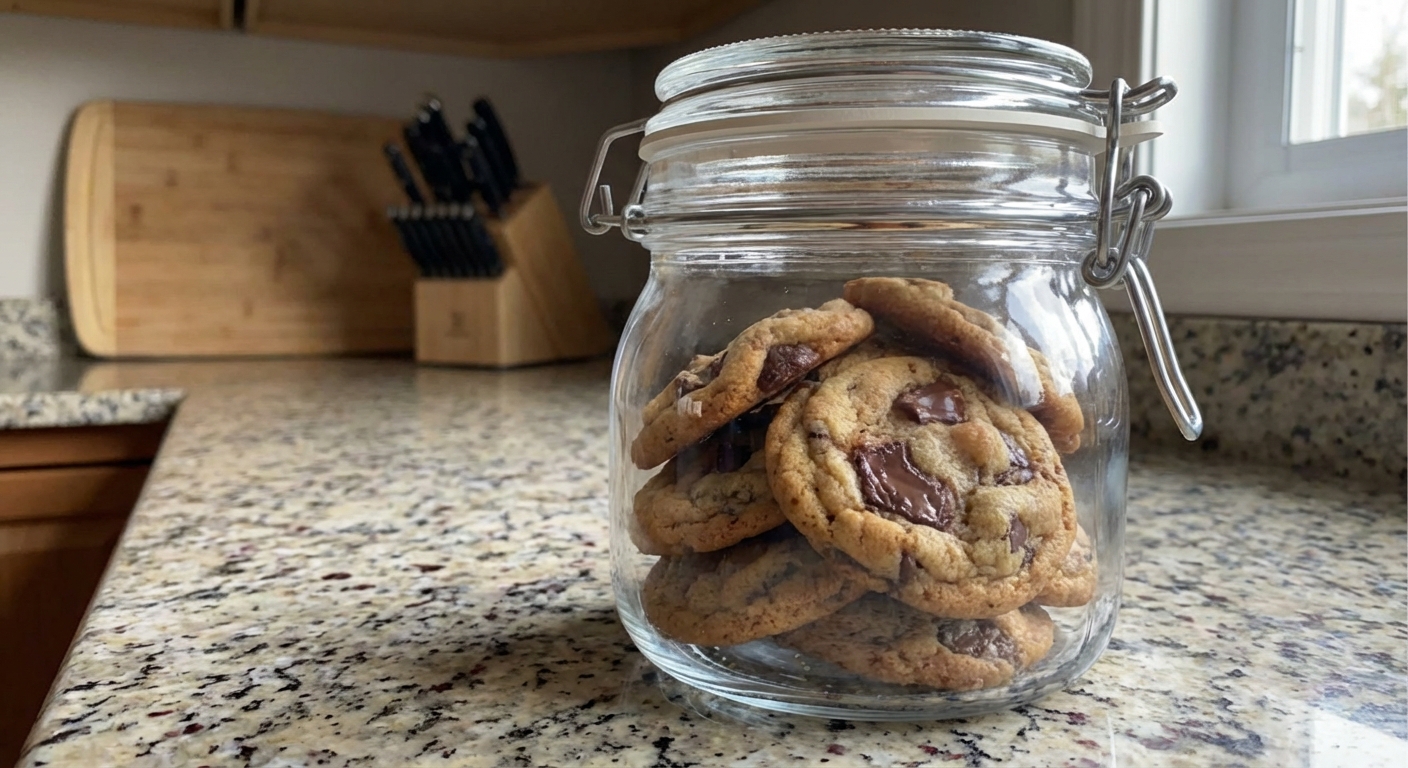 Chocolate chip cookies stored in an airtight container on a kitchen counter