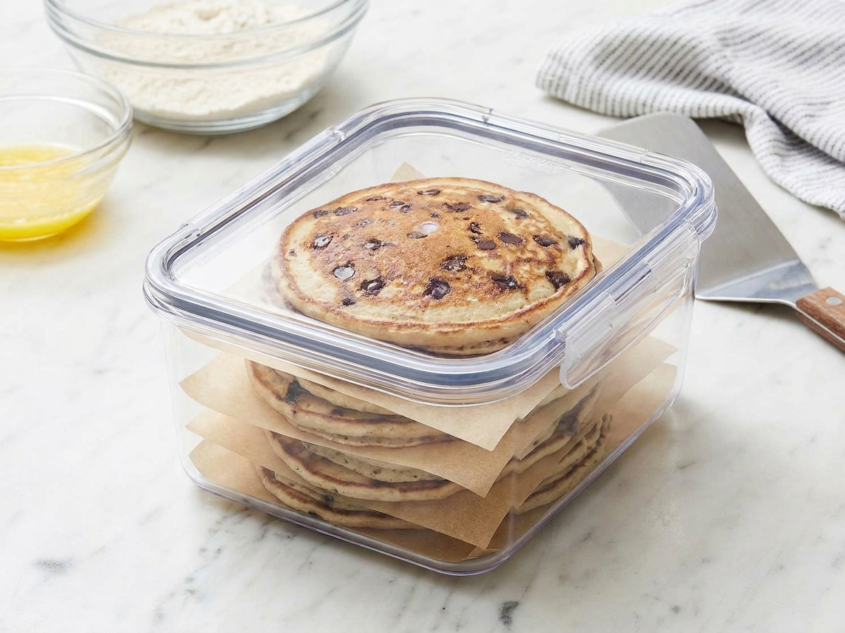 Chocolate chip pancakes stacked with parchment between layers inside a clear airtight container on a kitchen counter