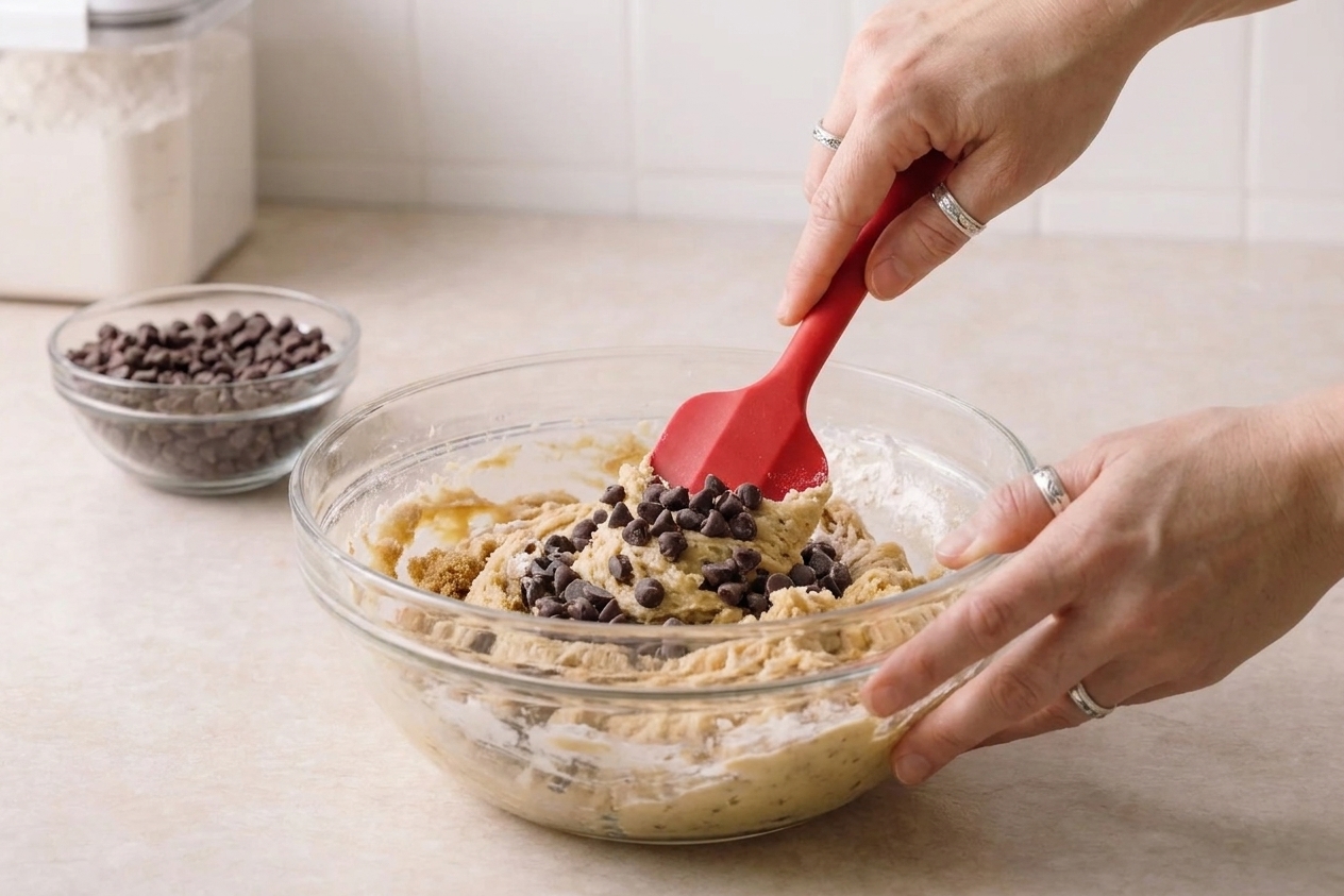 Chocolate chips being folded into cookie dough with a rubber spatula in a mixing bowl