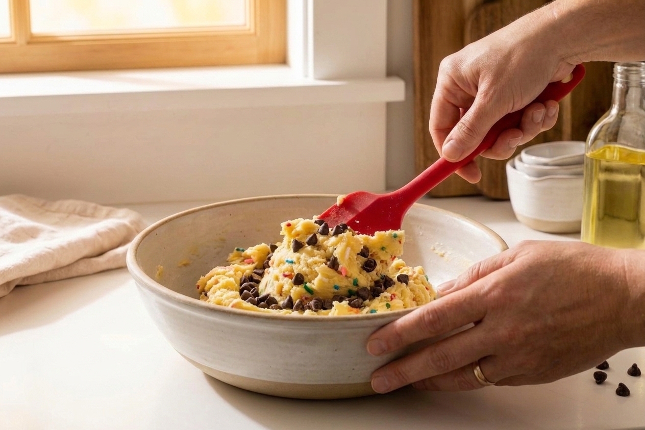 Chocolate chips being folded into thick cake mix cookie dough in a mixing bowl on a kitchen counter