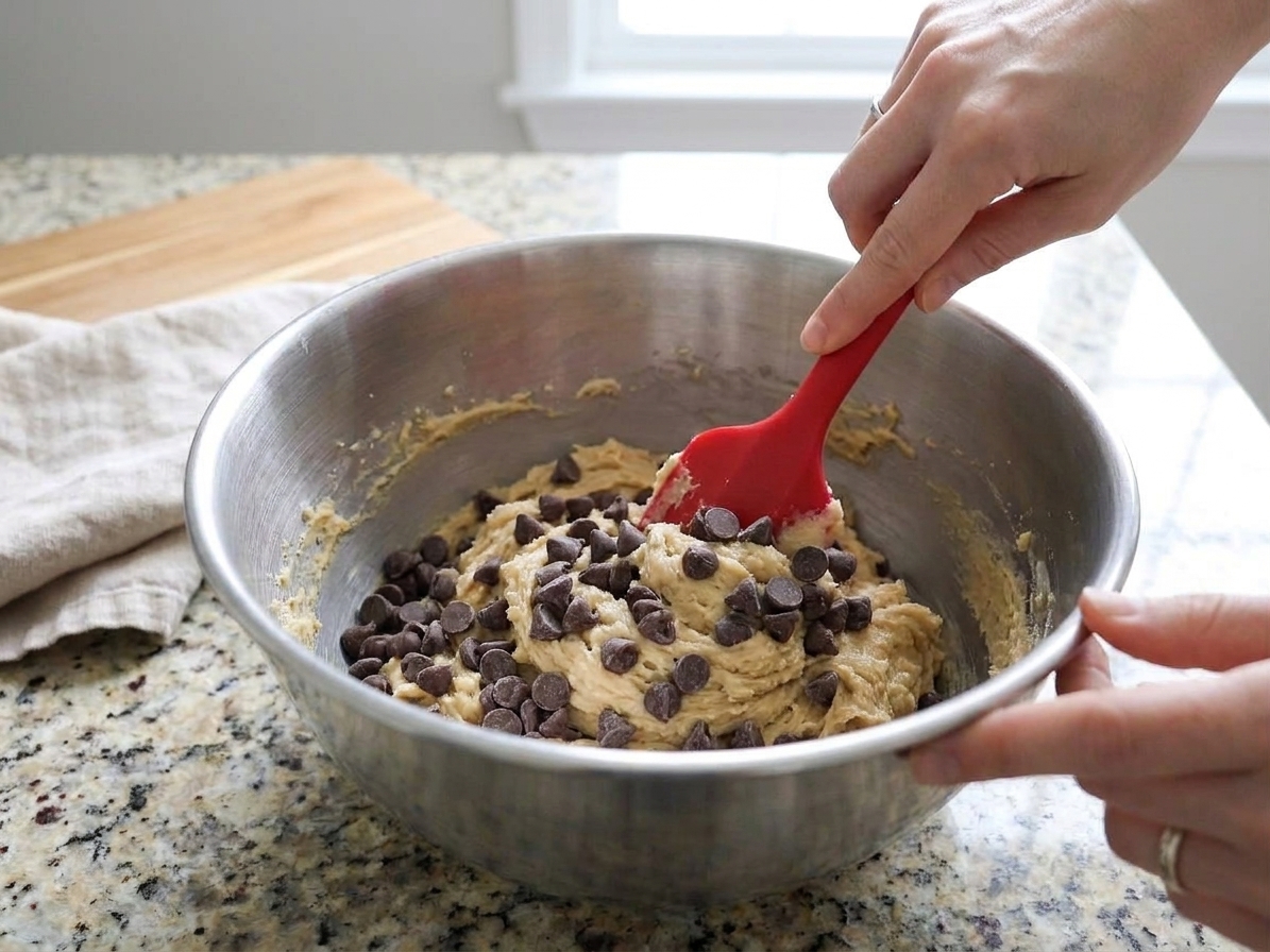 Chocolate chips being folded into thick cookie dough with a rubber spatula