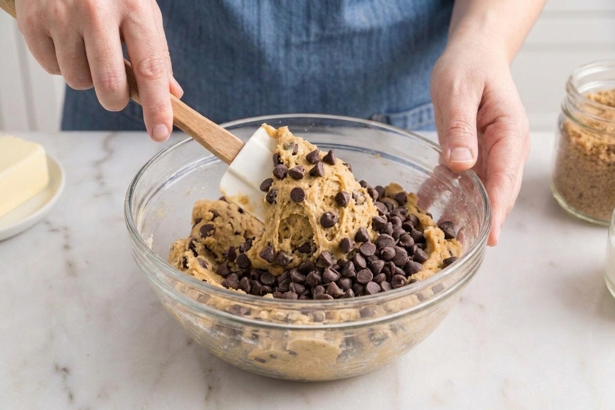 Chocolate chips being folded into thick cookie dough with a rubber spatula in a large mixing bowl