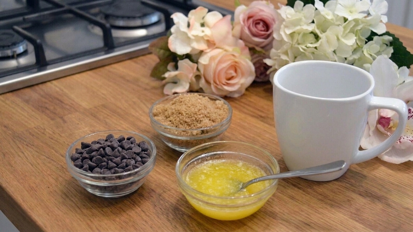 Chocolate chips, brown sugar, and melted butter measured on a kitchen counter next to a mug