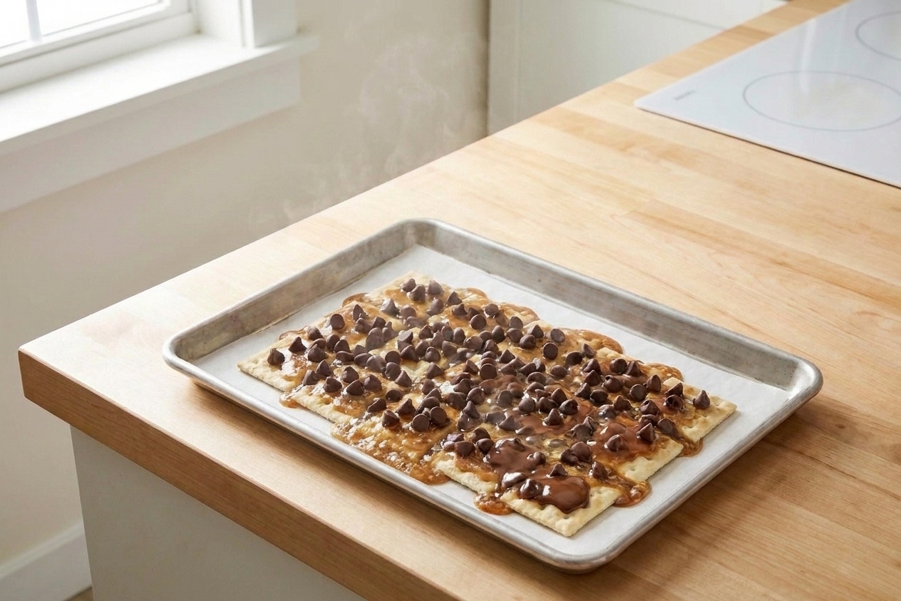 Chocolate chips scattered over hot toffee on a sheet pan, beginning to melt into a glossy layer