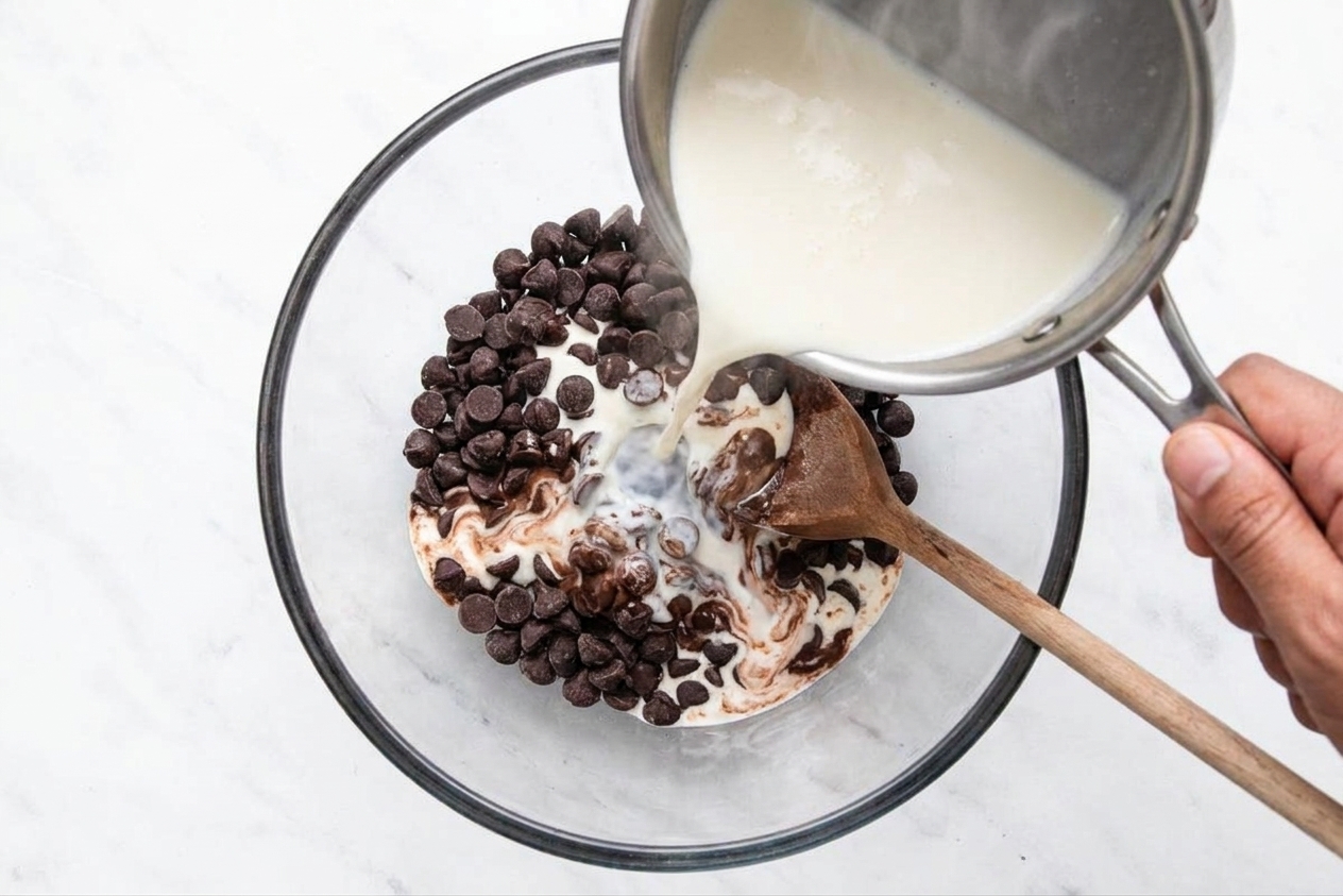 Chocolate chips with hot cream poured over them to make ganache