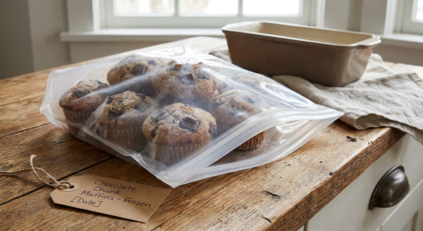 Chocolate chunk muffins wrapped and stored in a freezer safe zip-top bag on a kitchen counter with a label tag nearby
