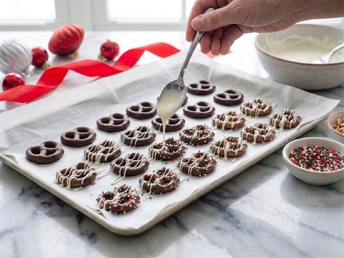 Chocolate covered pretzels on parchment paper being drizzled with melted white chocolate in thin lines