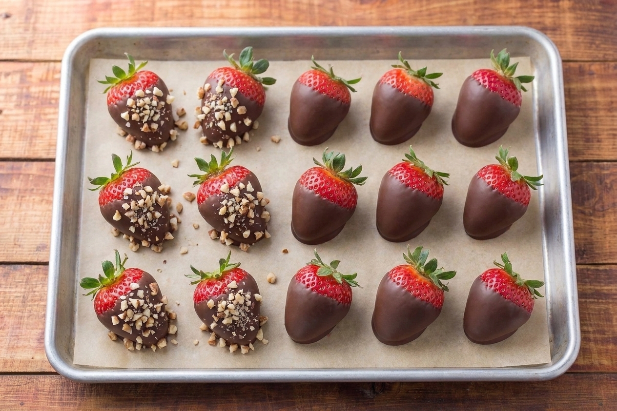 Chocolate covered strawberries setting on a parchment lined baking sheet with a few topped with chopped nuts