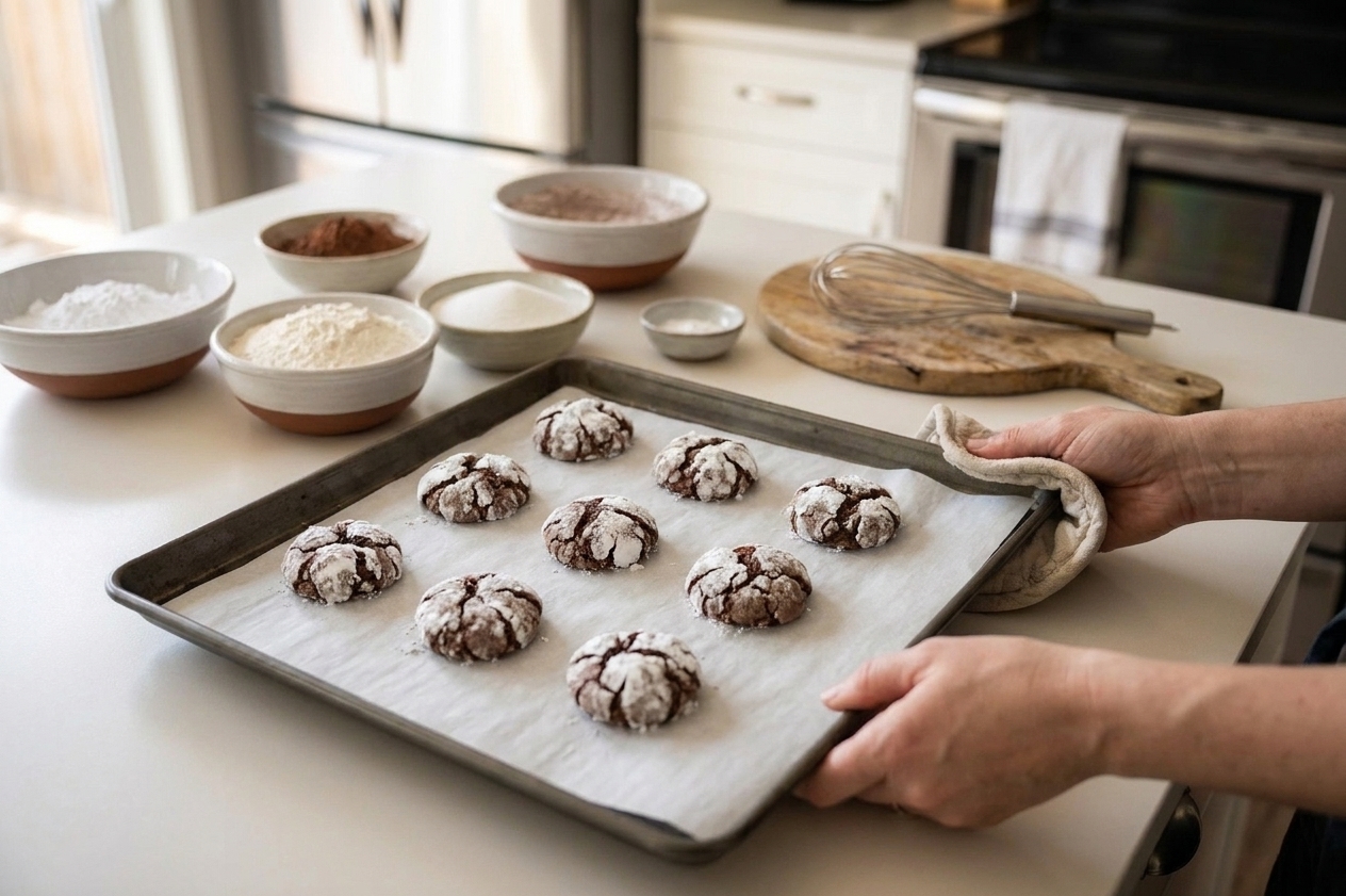 Chocolate crinkle cookies fresh from the oven on a parchment-lined baking sheet with visible powdered sugar cracks