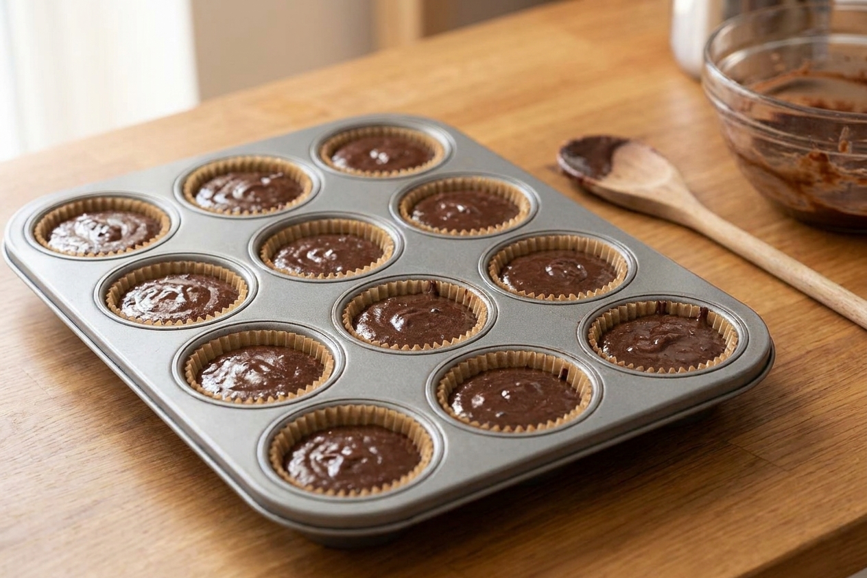Chocolate cupcake batter portioned into paper liners inside a 12-cup muffin tin on a kitchen counter