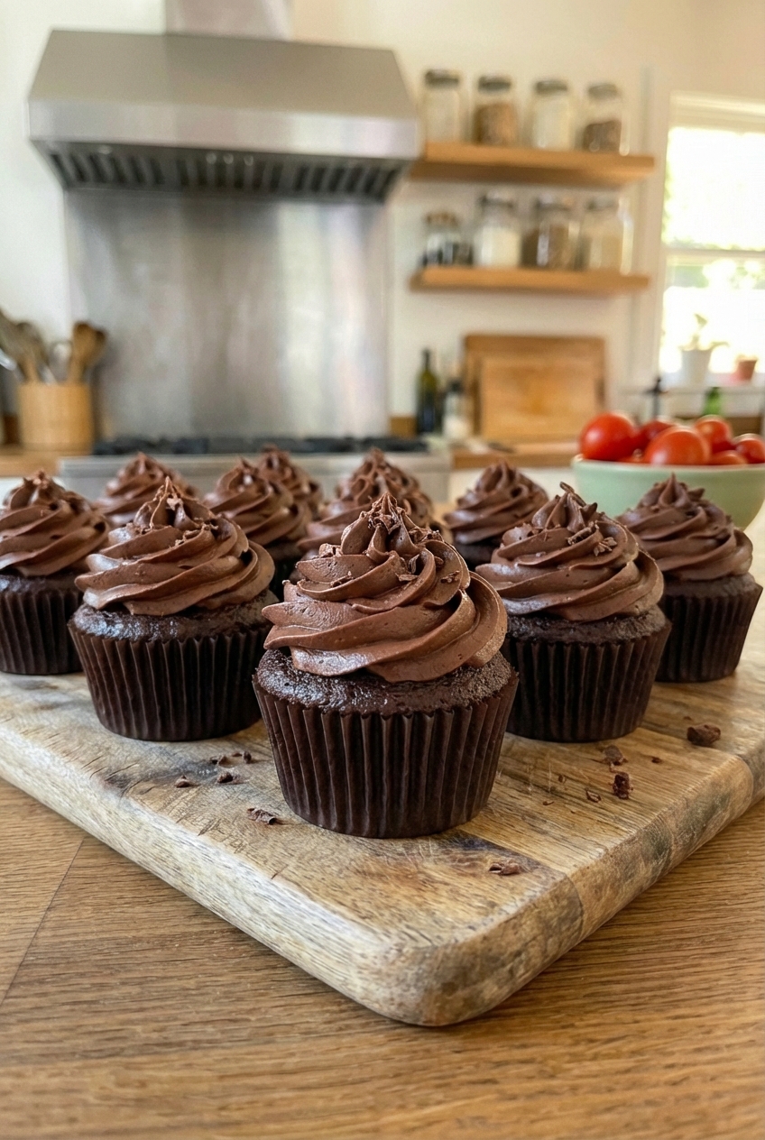 Chocolate cupcakes with swirls of icing on top