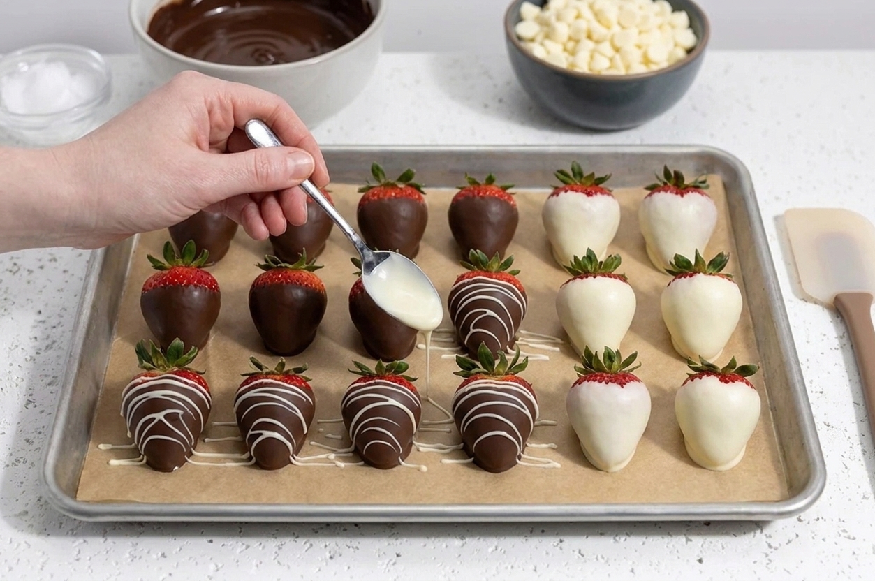 Chocolate dipped strawberries on parchment paper with thin white chocolate drizzles setting on a baking sheet
