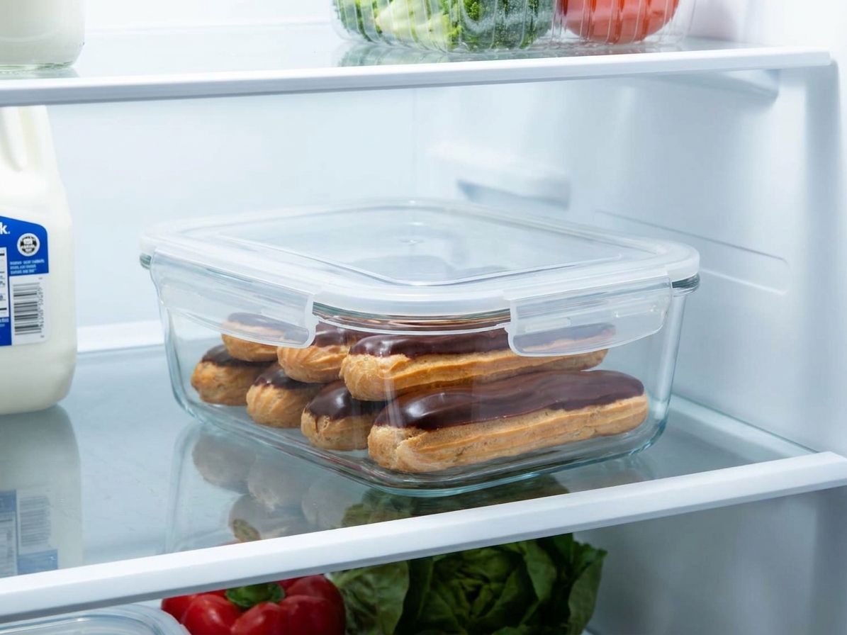 Chocolate eclairs in a single layer inside an airtight container on a refrigerator shelf