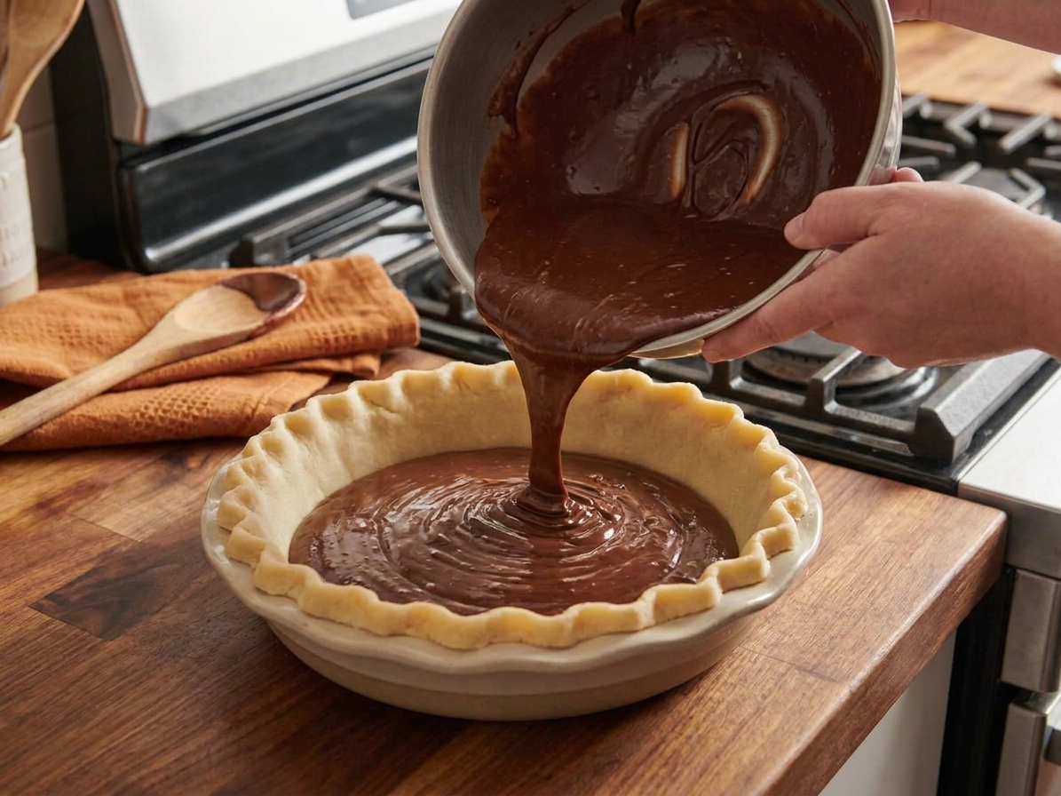 Chocolate filling being poured into an unbaked pie crust in a ceramic pie dish