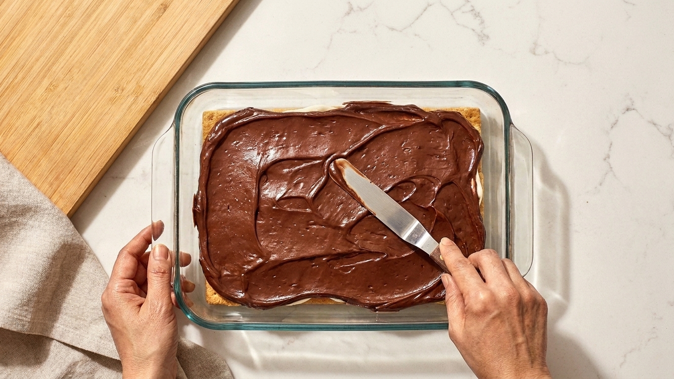 Chocolate frosting being spread into a smooth layer over graham crackers in a baking dish with an offset spatula