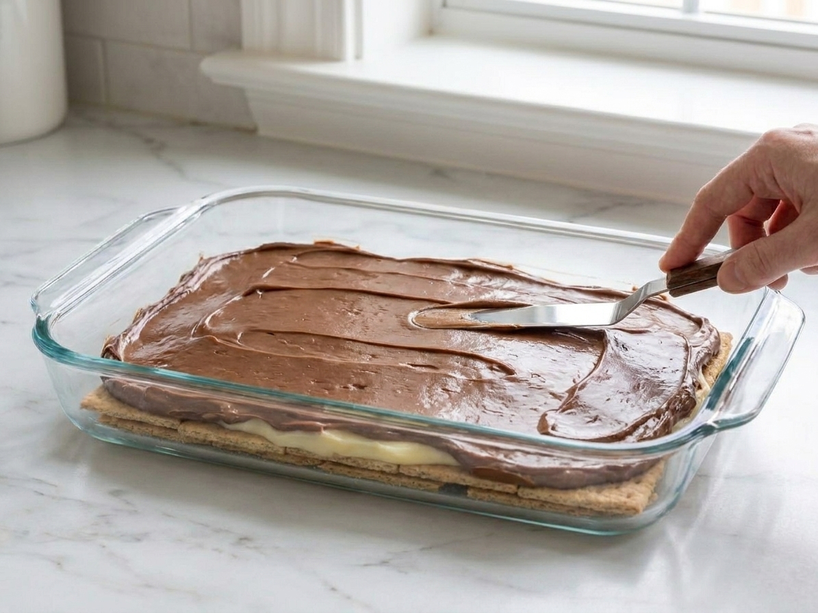 Chocolate frosting being spread into a smooth layer over the top of the graham cracker dessert in a baking dish