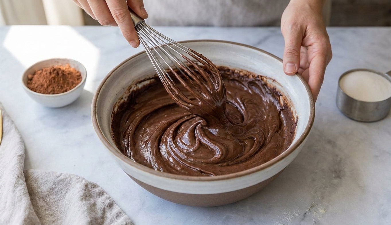 Chocolate frosting being whipped in a mixing bowl, thick and smooth with soft ridges forming