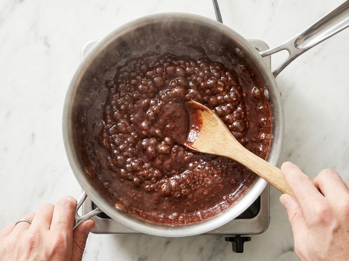 Chocolate fudge mixture at a rolling boil in a saucepan on a stovetop, with small tight bubbles across the surface