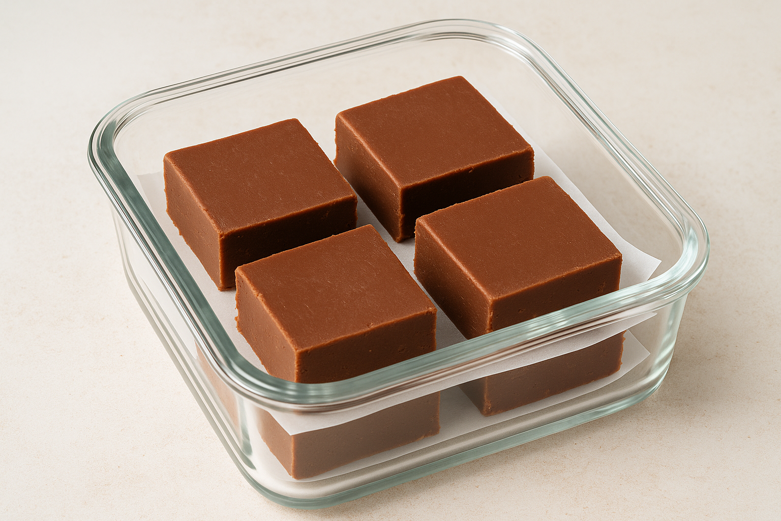 Chocolate fudge squares layered between parchment sheets inside a clear airtight container on a kitchen counter