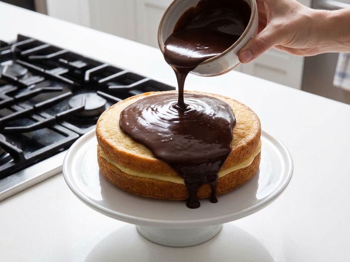 Chocolate ganache being poured onto the center of a layered Boston cream cake on a cake stand, starting to spread toward the edges