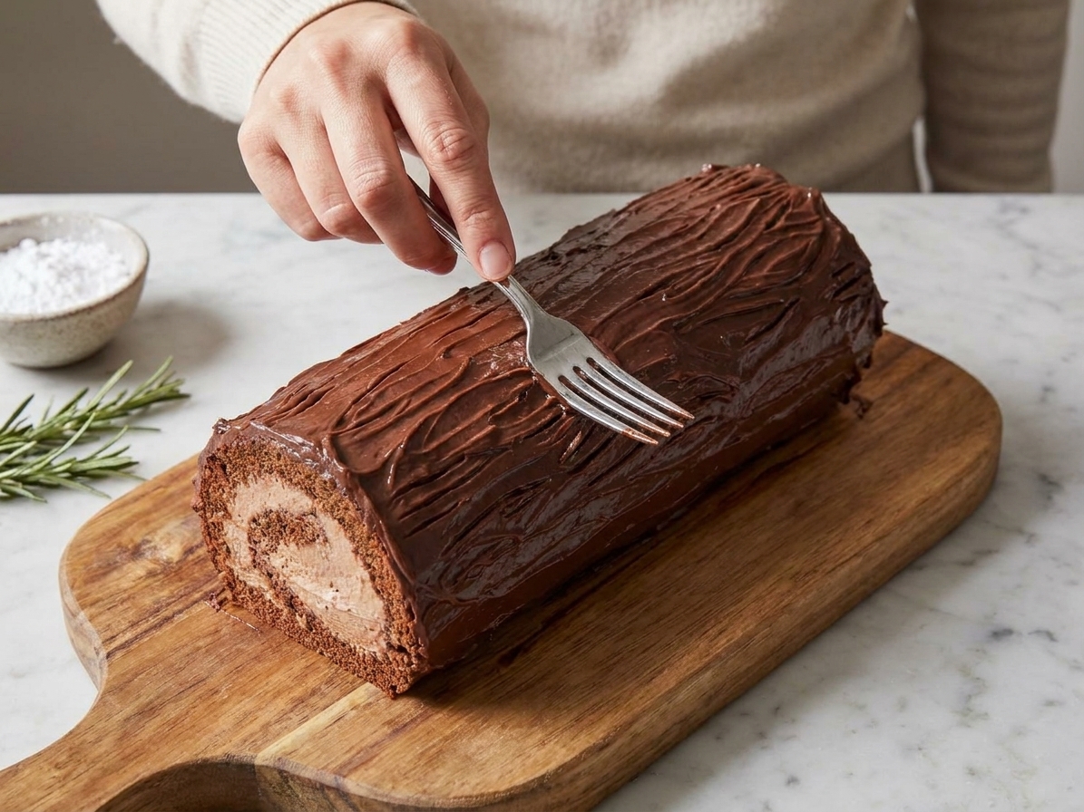 Chocolate ganache being textured with a fork into bark-like ridges on a yule log cake
