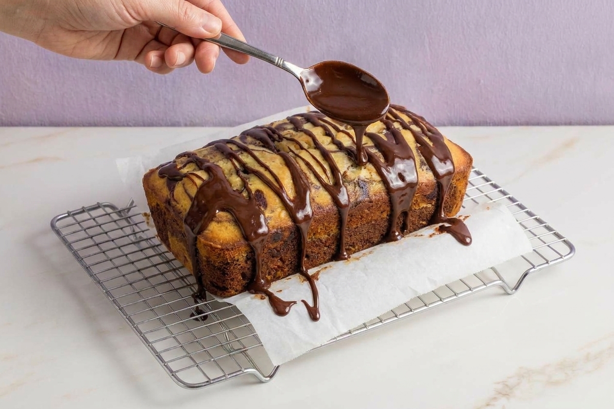 Chocolate glaze being drizzled over a cooled marble loaf cake on a wire rack, with a spoon held above the cake