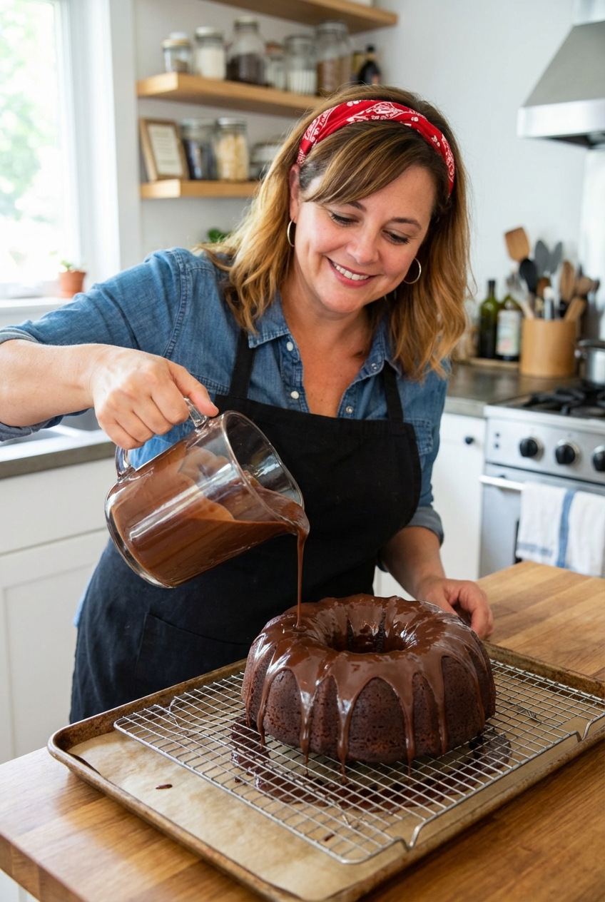 Chocolate glaze being poured over a cooled Bundt cake on a wire rack