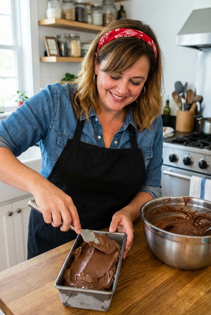 Chocolate ice cream mixture being spread into a loaf pan before freezing
