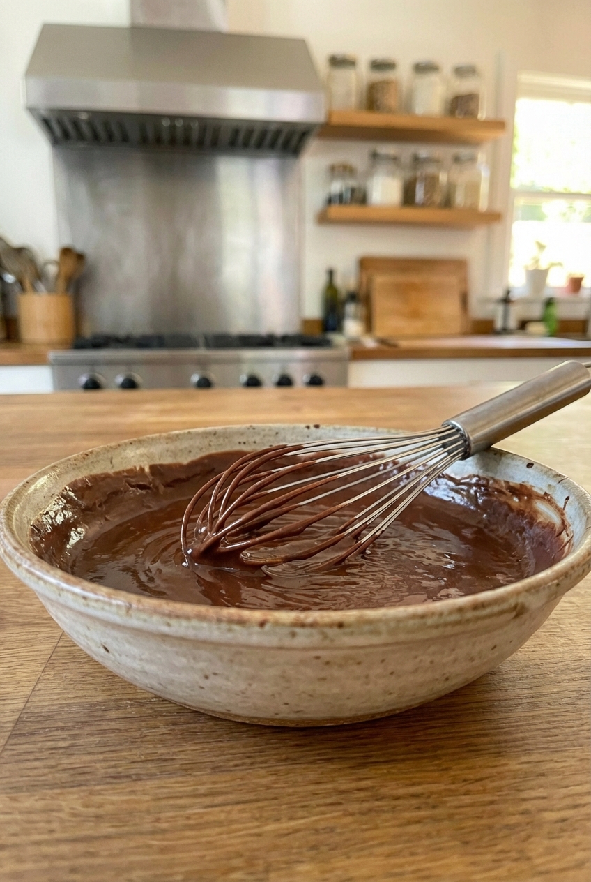 Chocolate icing in a bowl with a whisk resting inside on a wooden countertop