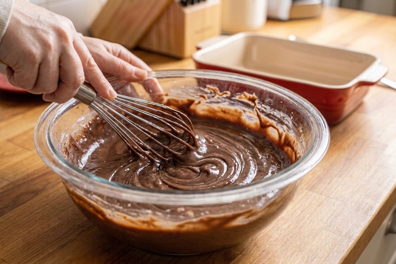 Chocolate instant pudding being whisked in a glass bowl until thick and glossy on a kitchen counter