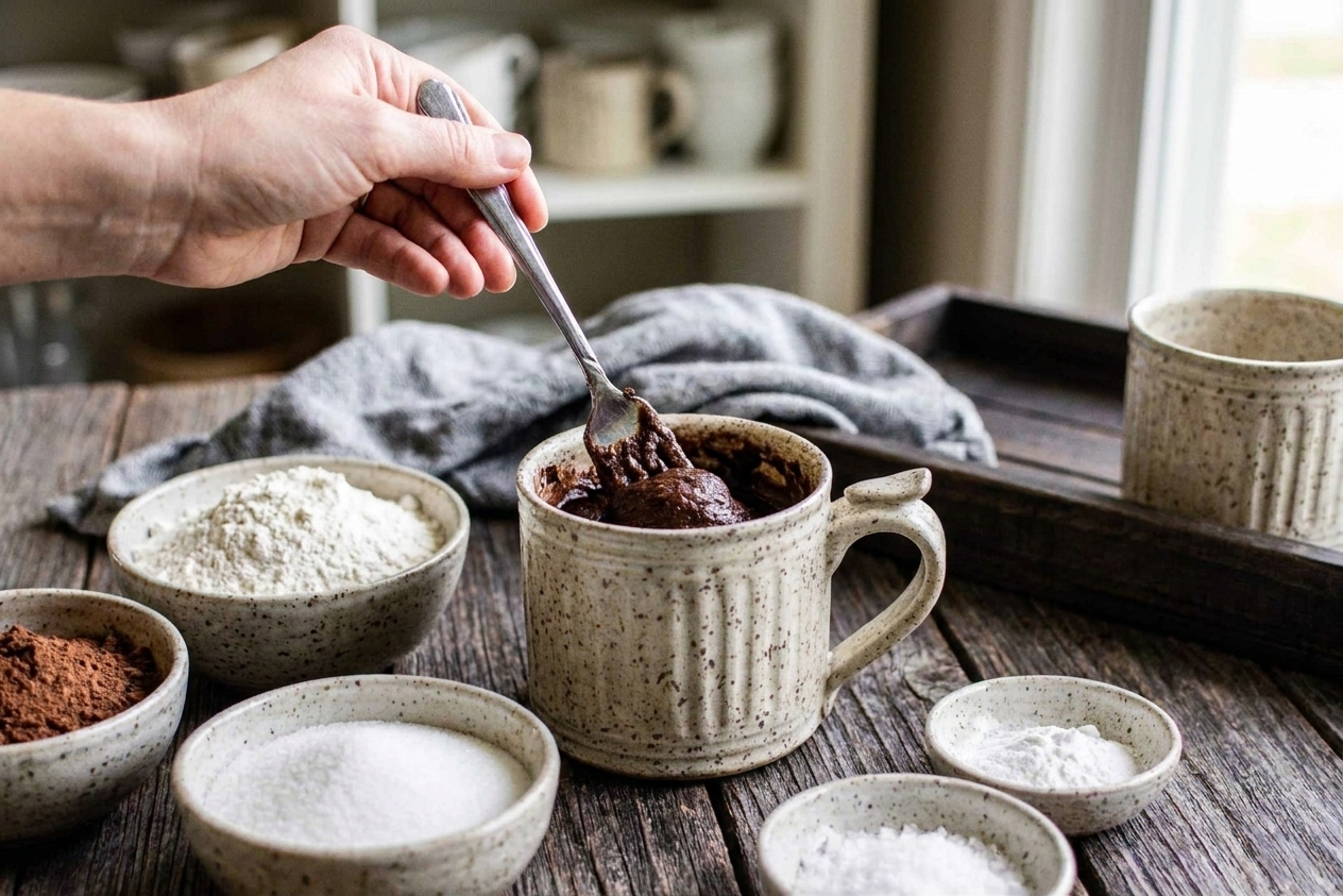 Chocolate mug cake batter being mixed inside a ceramic mug with a fork on a kitchen counter