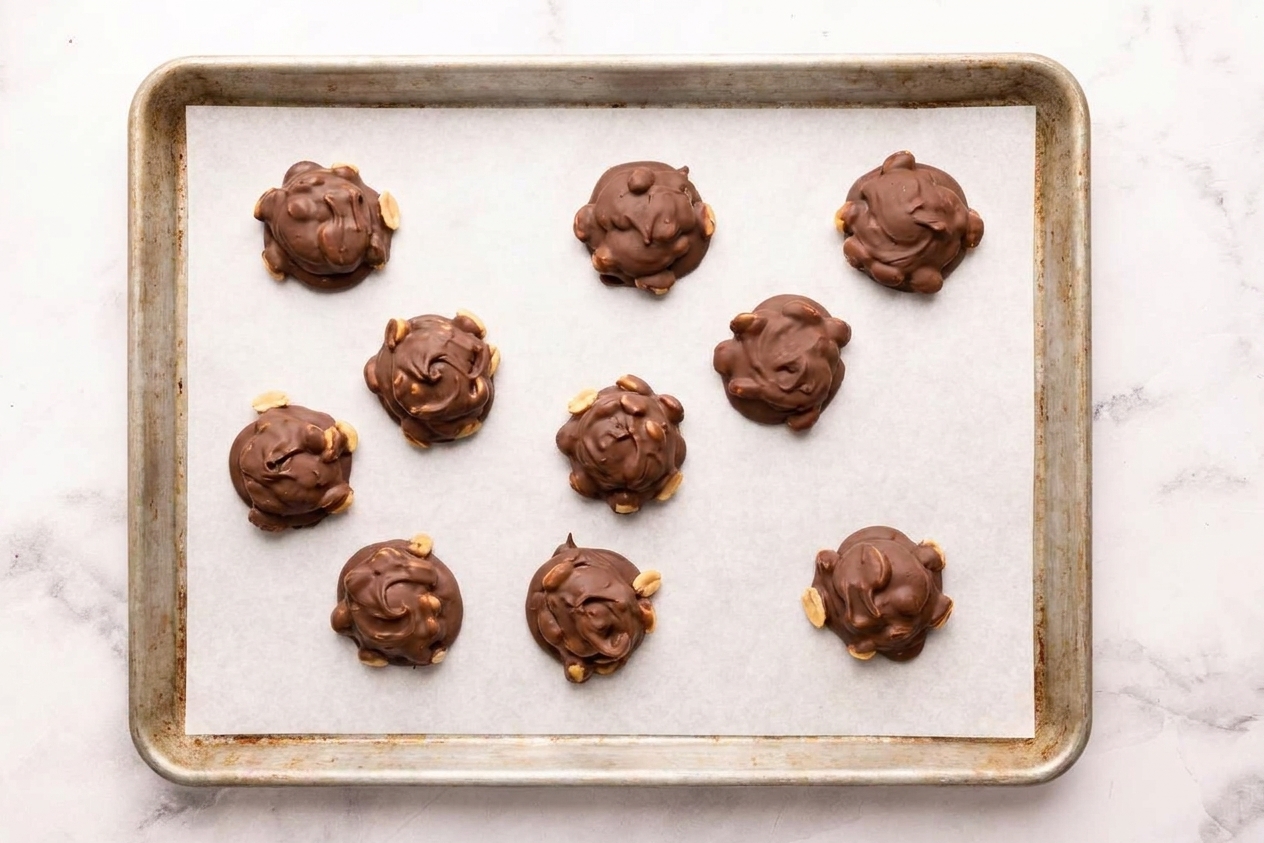 Chocolate peanut clusters setting on parchment paper on a baking sheet in a bright kitchen