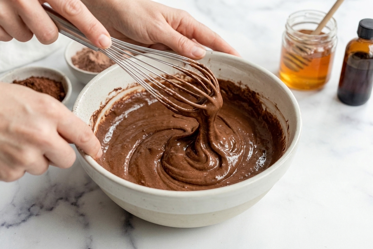 Chocolate protein powder being whisked into a bowl of cocoa Greek yogurt mixture until thick and glossy