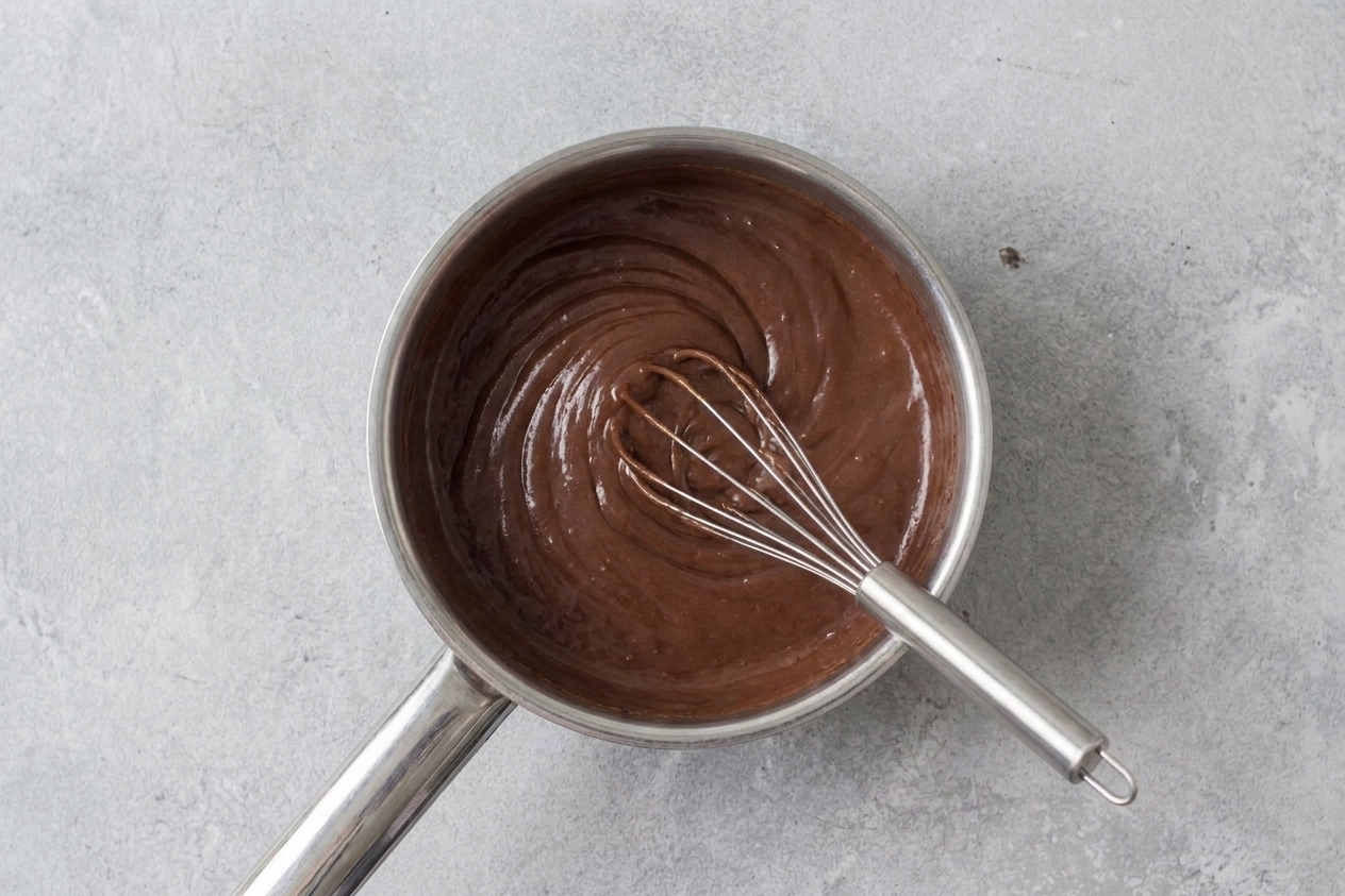 Chocolate pudding thickened in a saucepan with a whisk resting inside, showing a glossy, smooth texture