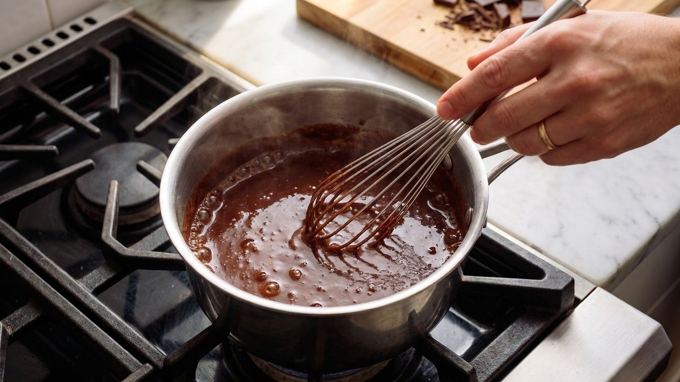Chocolate sauce gently simmering in a saucepan while someone whisks, with small bubbles forming around the edges