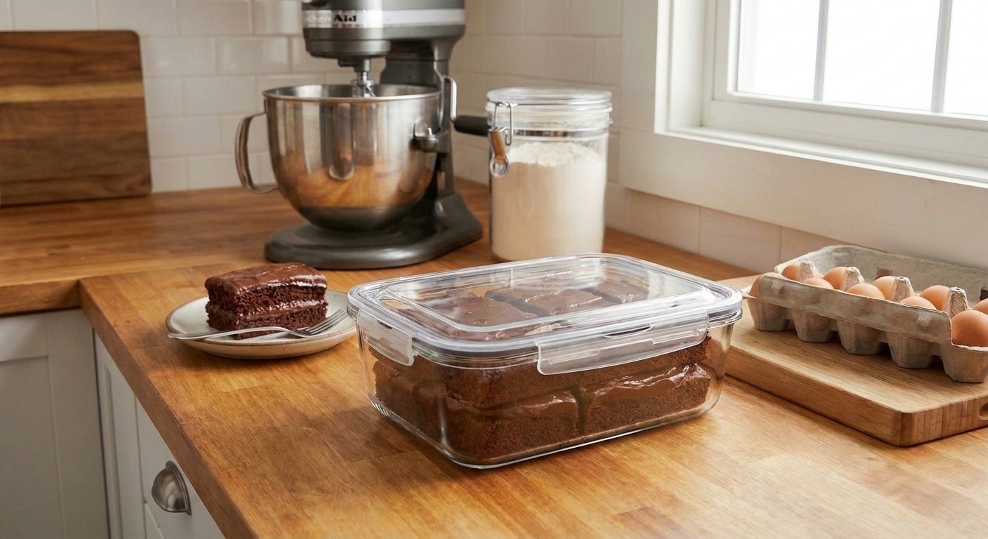 Chocolate sheet cake slices stacked in a clear airtight container on a kitchen counter, frosting layer visible