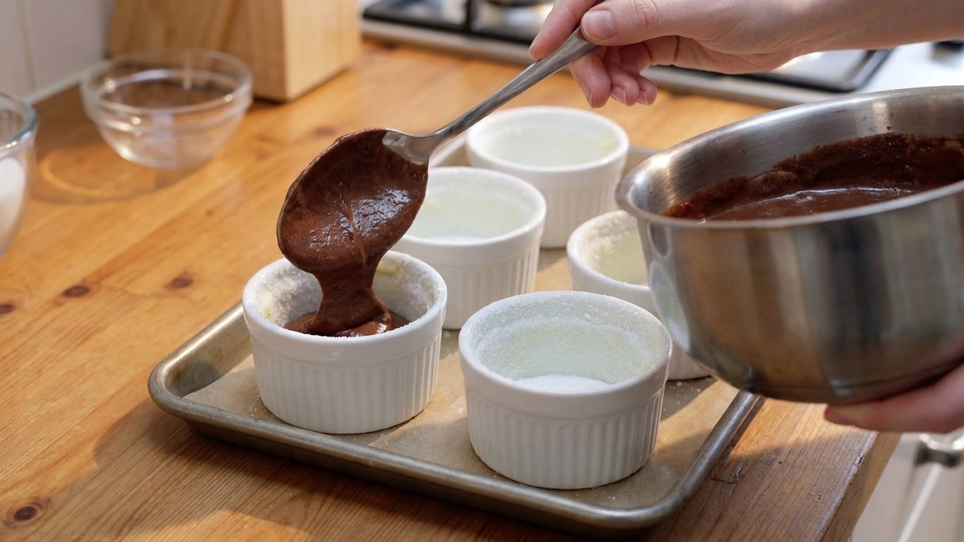 Chocolate soufflé batter being spooned into sugared white ramekins arranged on a baking sheet