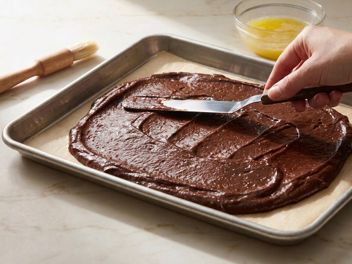 Chocolate sponge batter being spread evenly in a parchment lined sheet pan with an offset spatula