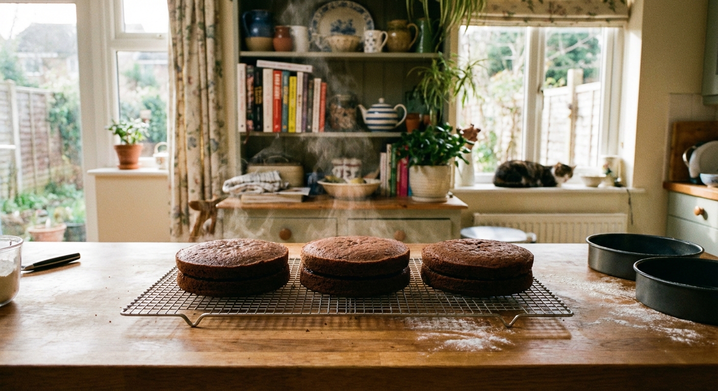 Chocolate sponge cake layers cooling on a wire rack in a home kitchen
