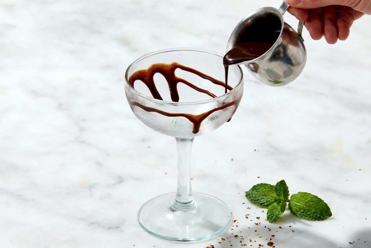 Chocolate syrup being drizzled inside a chilled coupe glass on a kitchen counter