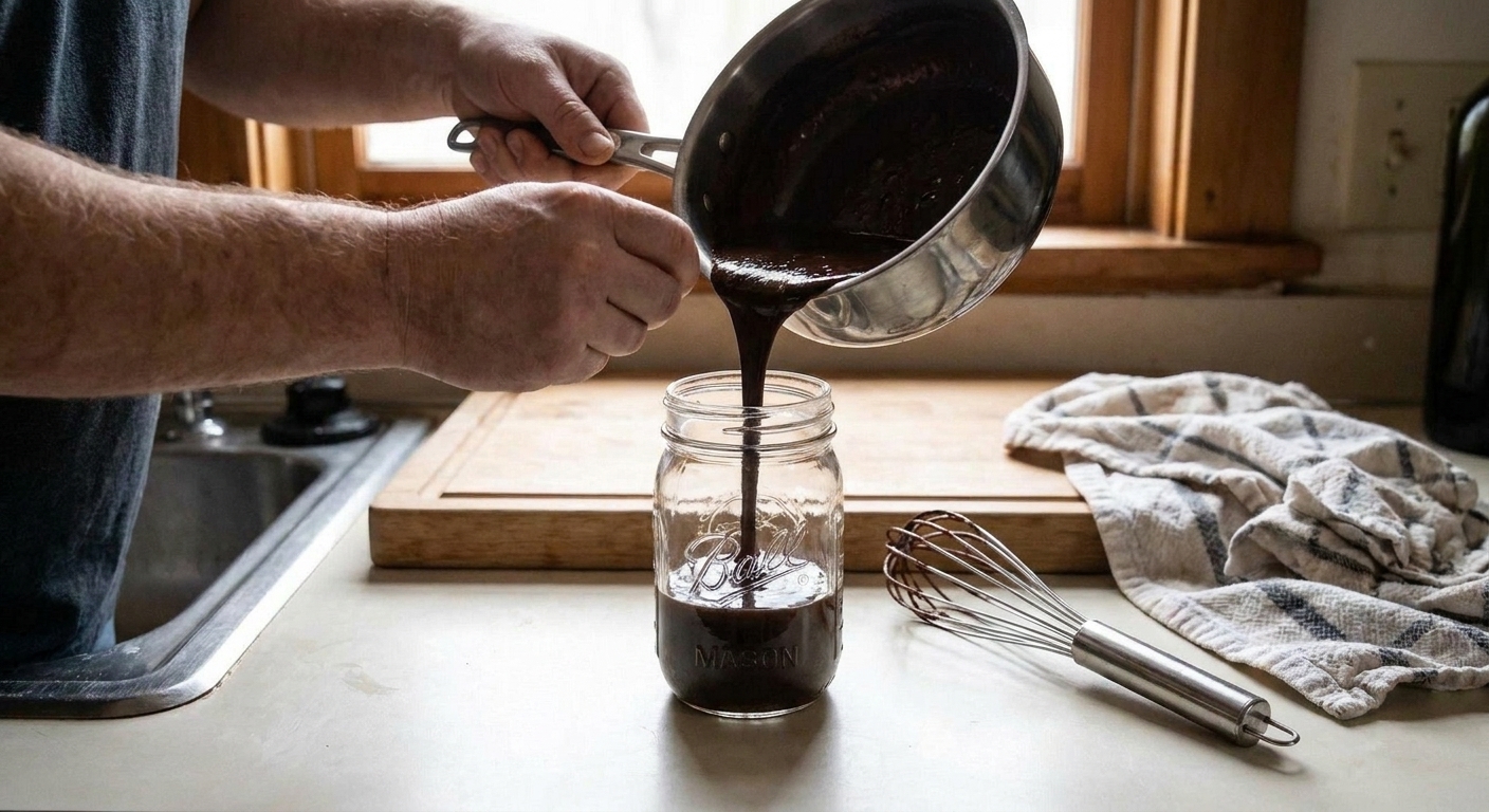 Chocolate syrup being poured from a saucepan into a clean glass jar on a bright kitchen counter