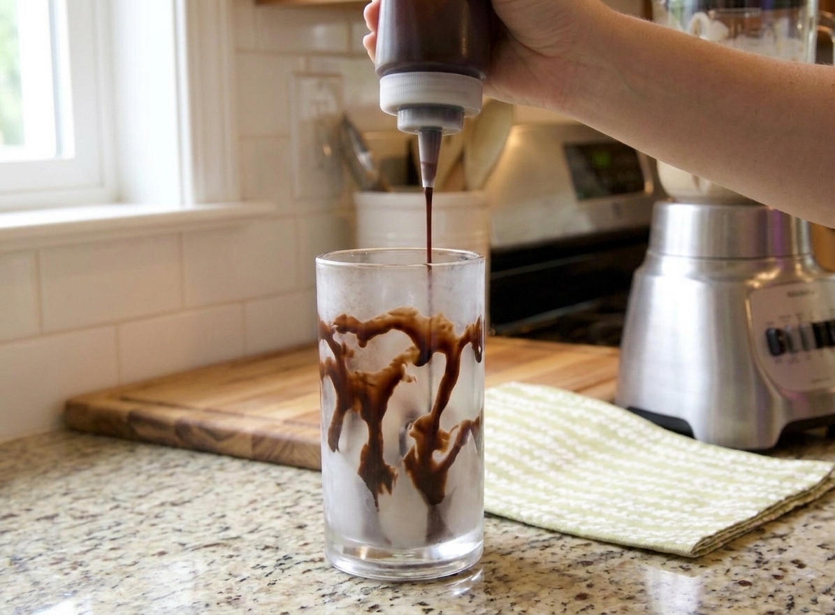 Chocolate syrup being swirled inside a chilled cocktail glass on a clean kitchen counter with soft window light