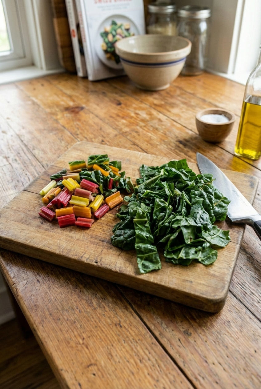 Chopped Swiss chard stems and leaves separated on a cutting board